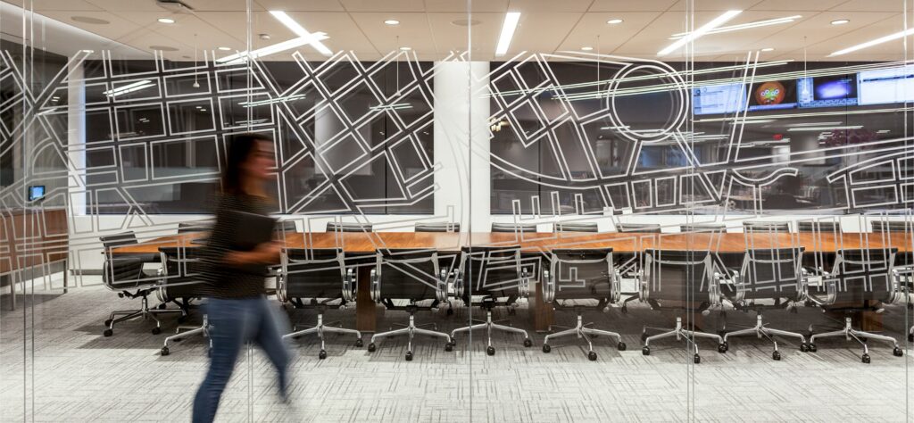 Environmental designs for Federal Home Loan Bank of New York. Fine line map graphic on glass.