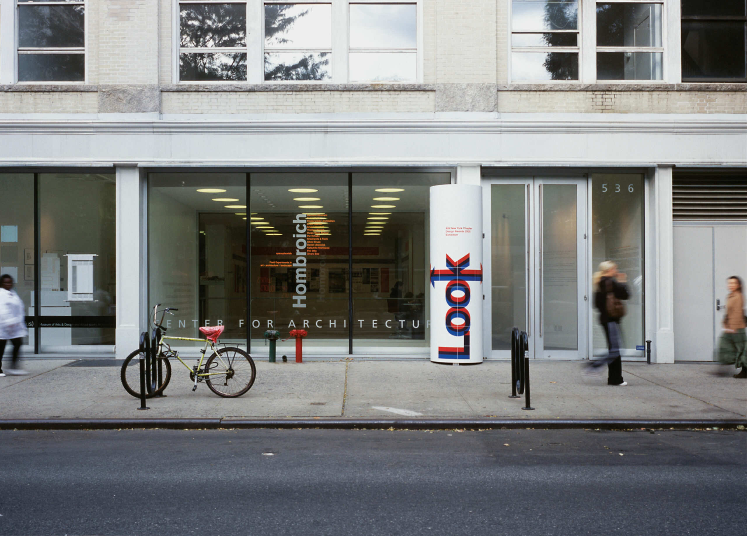 Exhibition design for American Institute of Architects New York. Exterior signage on cylindrical pillar.