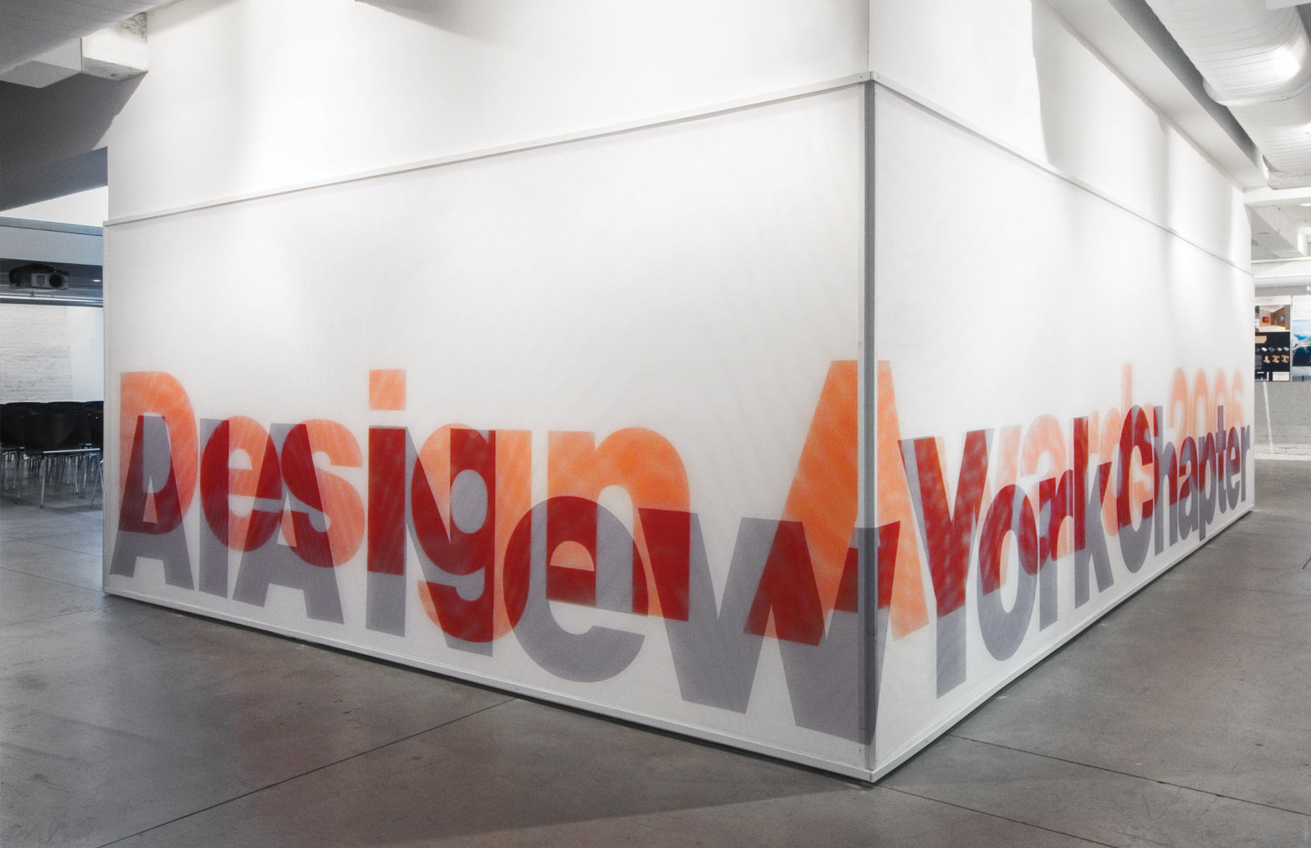 Exhibition design for American Institute of Architects New York. Large typographic wall treatment.