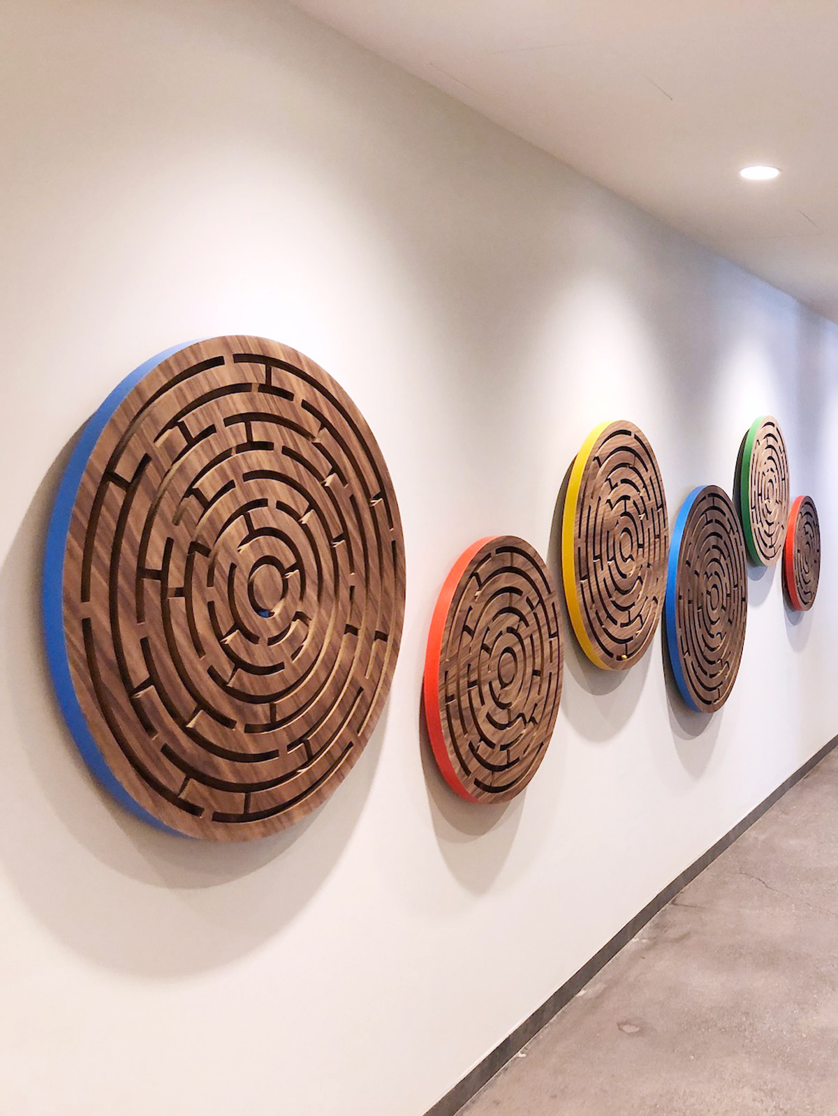 Wooden maze installation at Anagrams Cafe