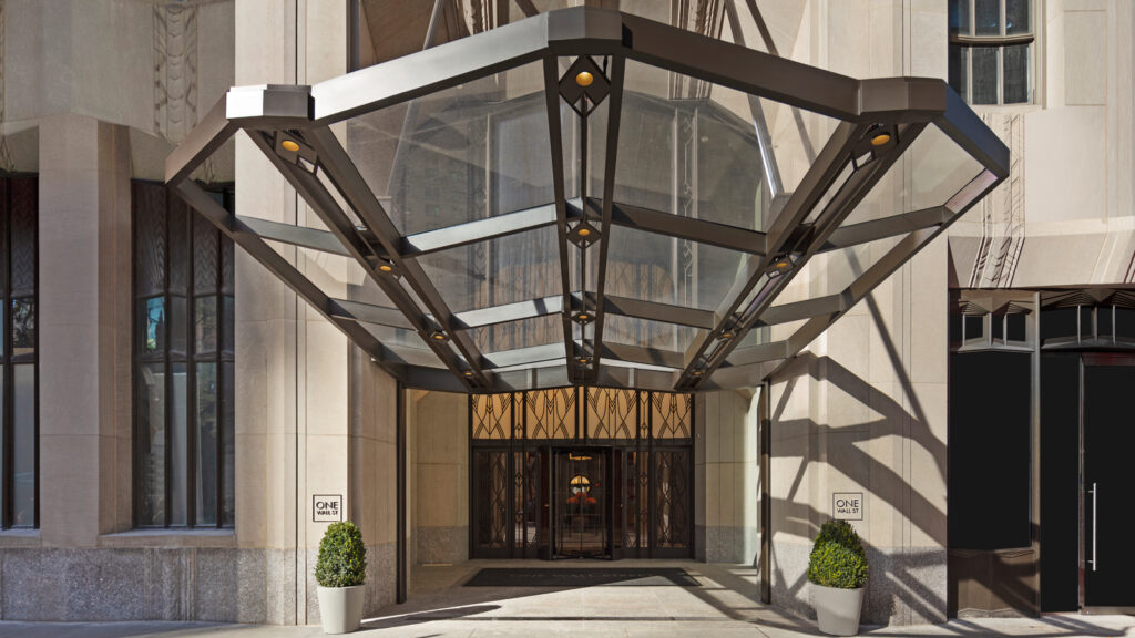 Entrance to One Wall Street, a luxury condo building